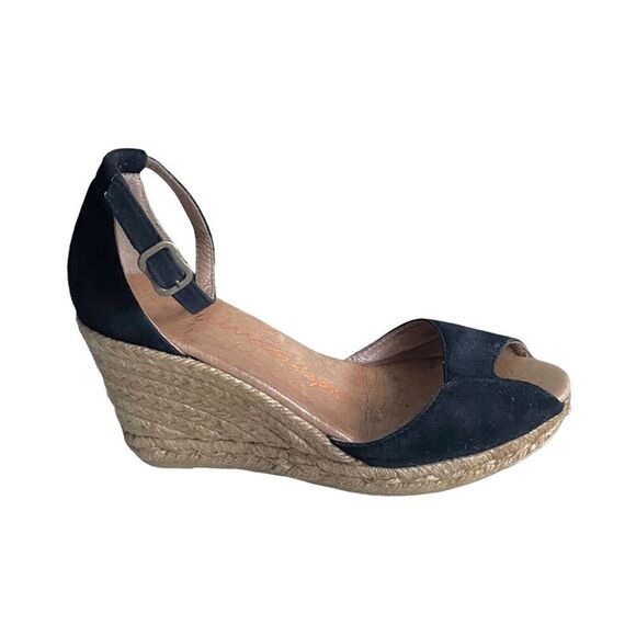 GAIMO Suede Peep Toe Wedge Espadrilles Sandals Shoes Black Tan 38 - Picture 3 of 13